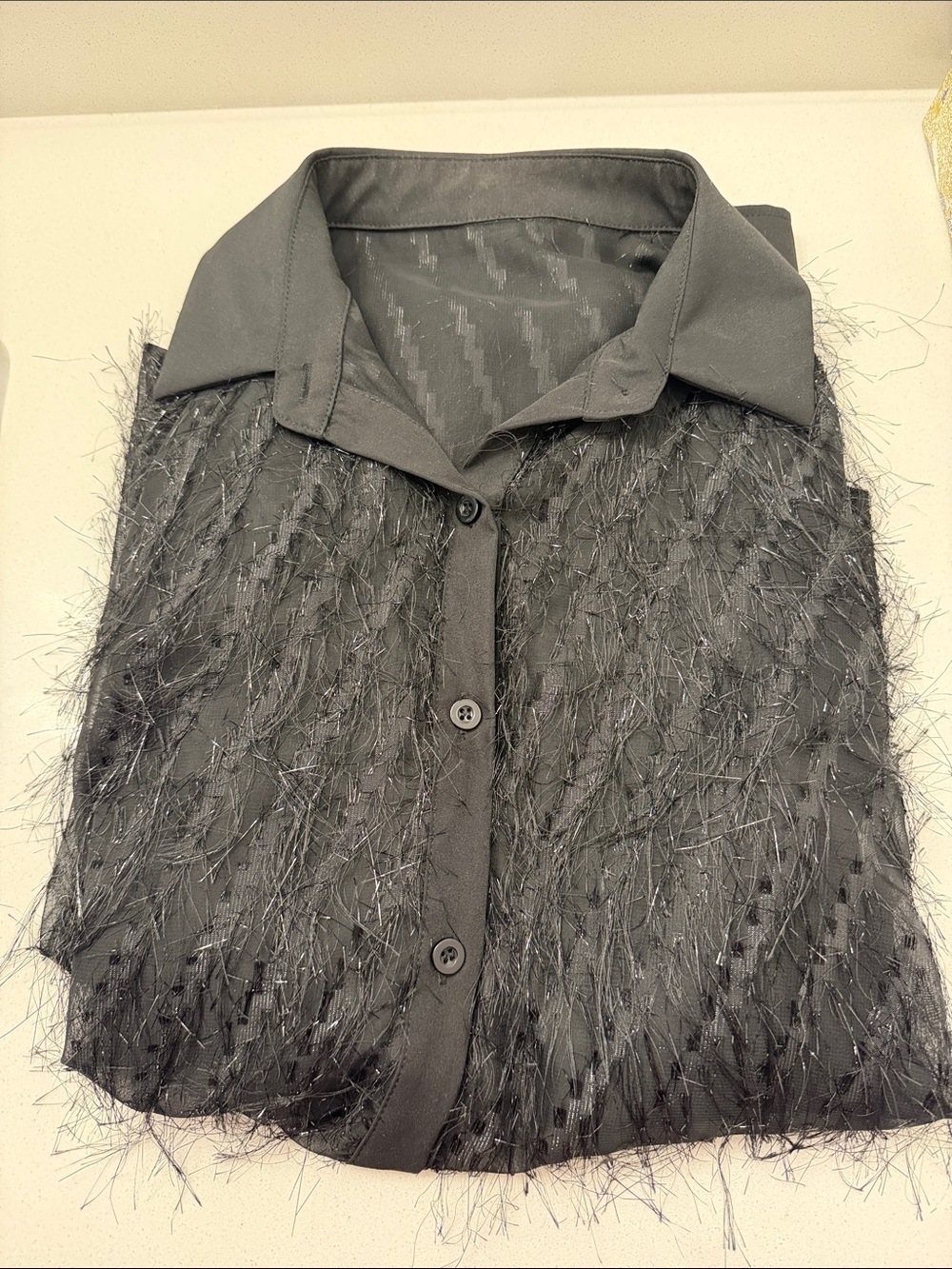 SHEIN Black Feather-Effect Button Front Blouse